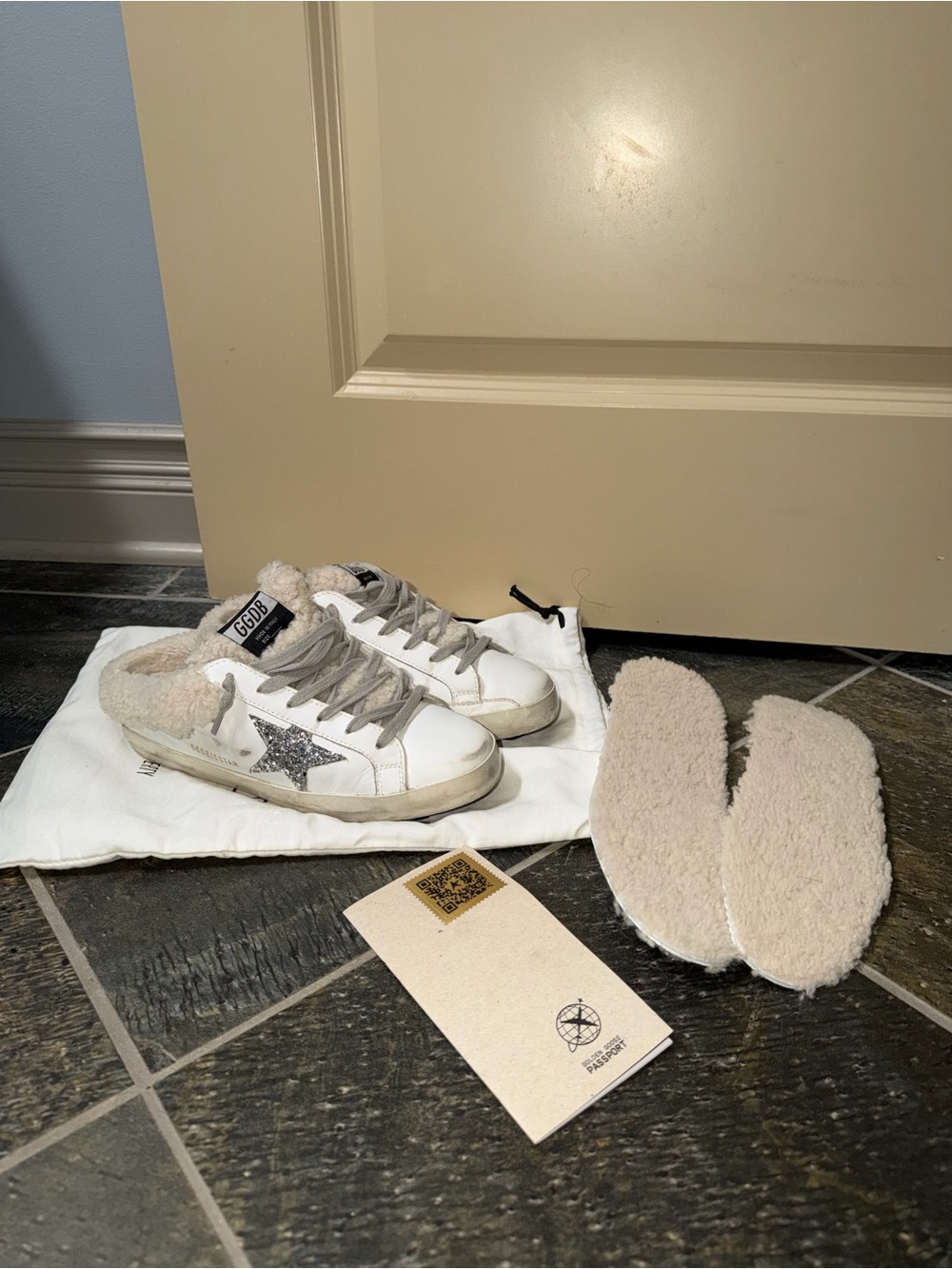 GOLDEN GOOSE Super Star Sabot Leather Glitter Shearling Lined Slip-On Sneaker 39